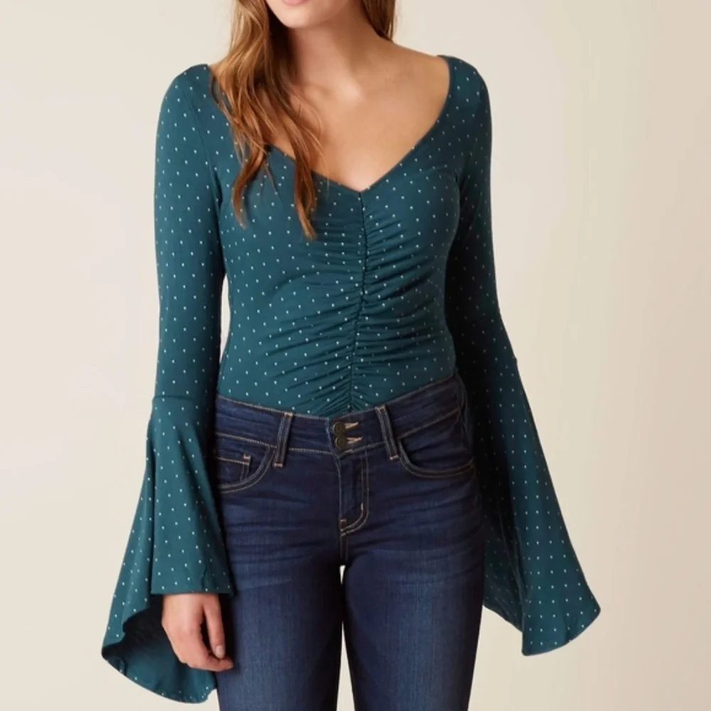 Free People Teal Polka Dot Ruched Bell Sleeve Top